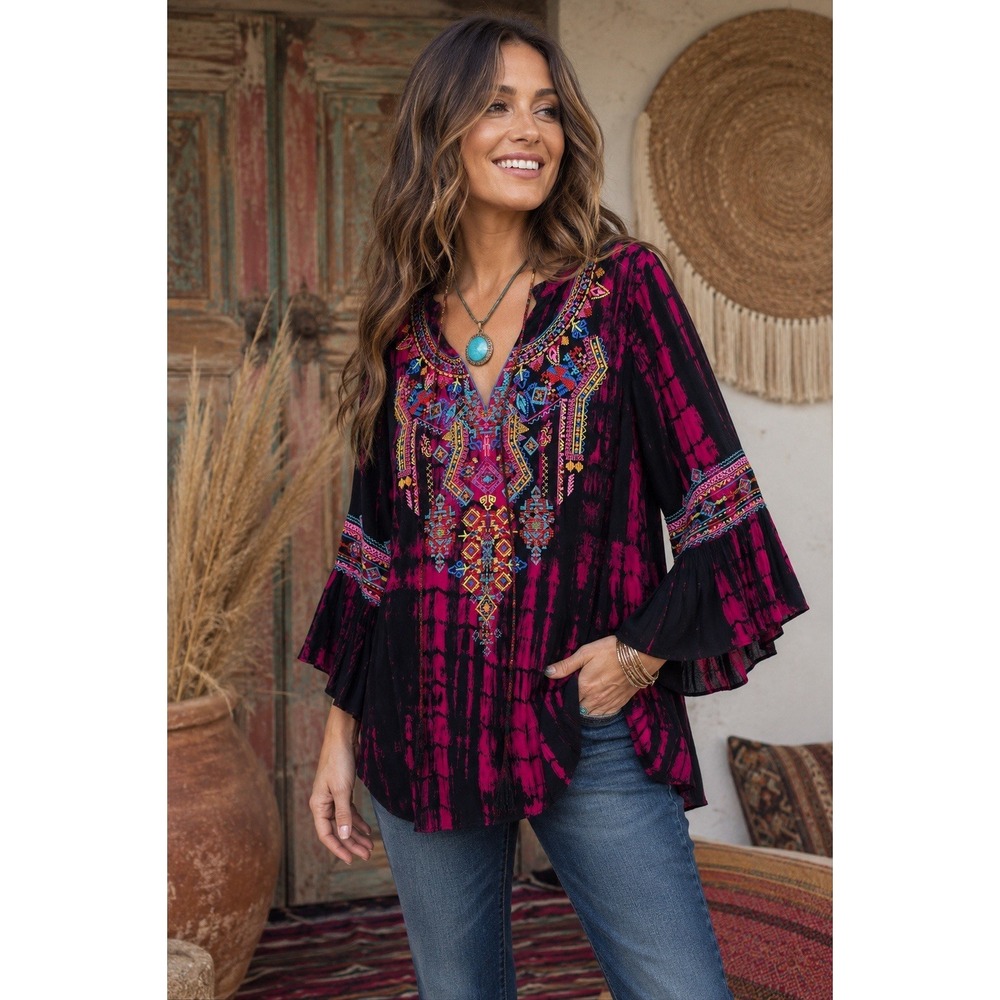 Caleoas Embroidered Tunic Top Women L Tie Dye Tribal Western Boho Eclectic Artsy